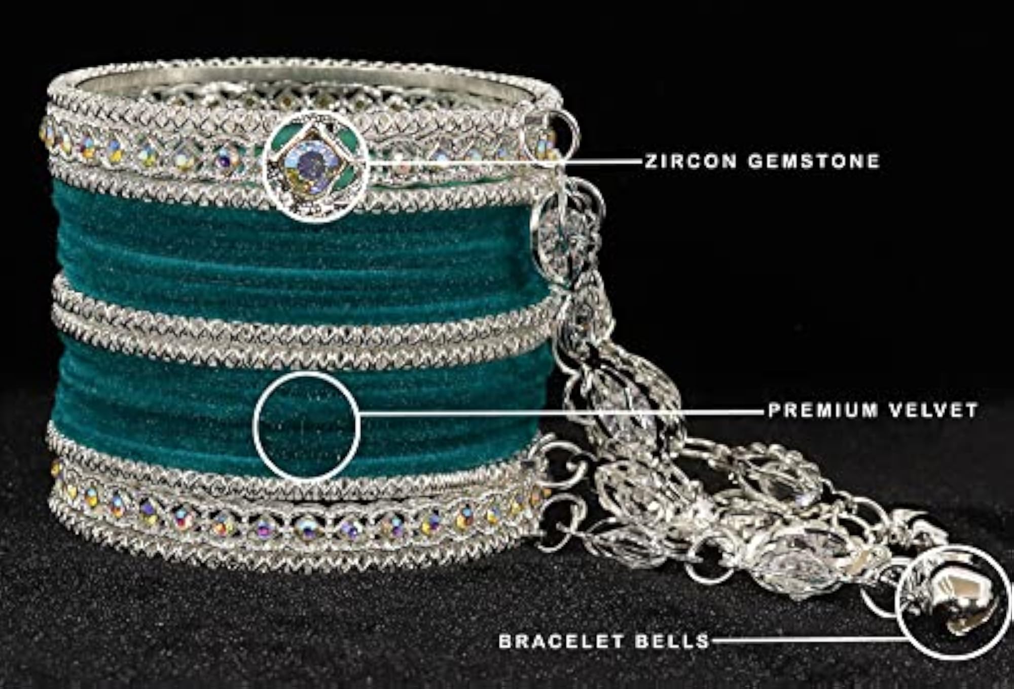 Metal with Zircon Gemstone and Bells Latkan Linked Velvet Bangles